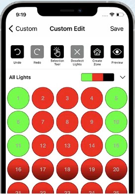 Astoria Lighting app interface showing custom lighting zone selection.