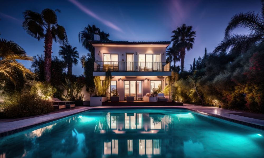 A luxurious two-story home, the outdoor lighting enhances the warm ambiance, while a large swimming pool reflects the glow of the house.