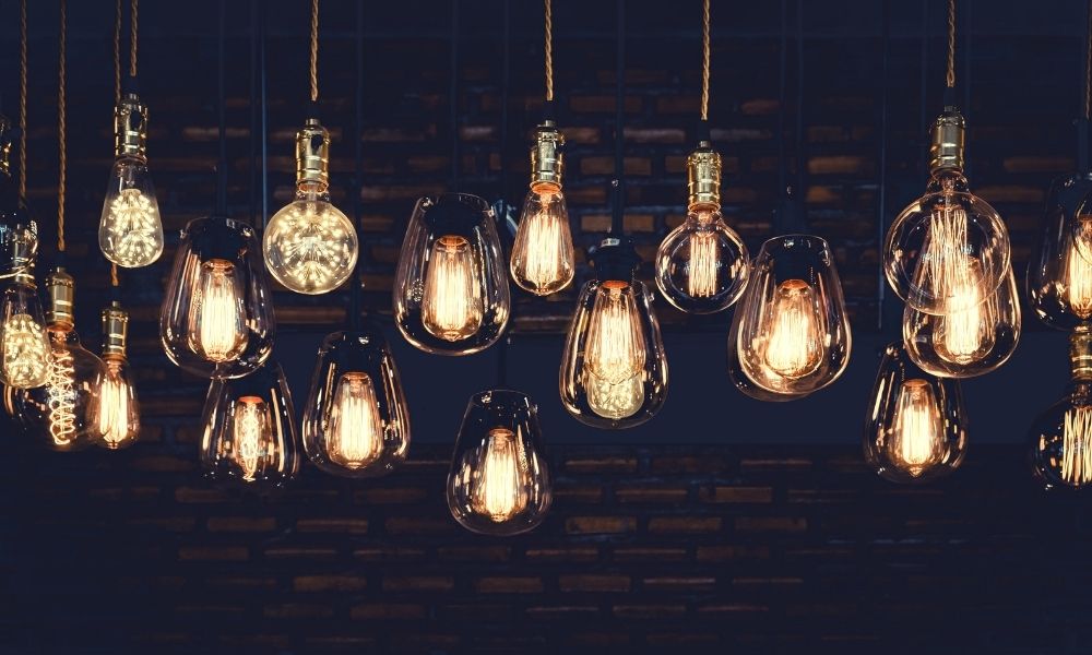 A collection of vintage-style light bulbs, anging from the ceiling.