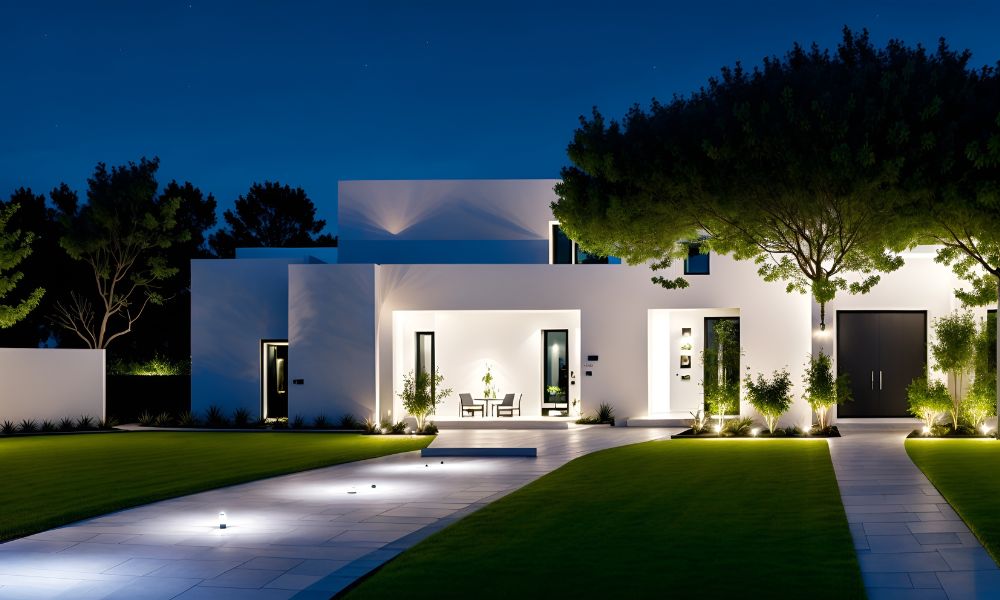 A modern white house at night with strategically placed landscape lighting illuminating the facade, driveway, and surrounding greenery