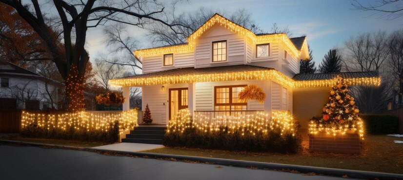 A modern home illuminated with warm permanent holiday lights