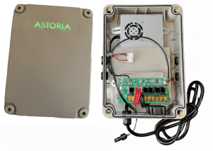 Close-up view of Astoria’s permanent lighting control box with durable, weatherproof design providing power and app-based control for outdoor holiday lighting systems.