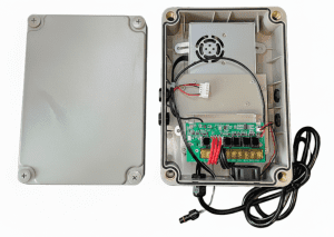 Close-up view of Astoria’s permanent lighting control box with durable, weatherproof design providing power and app-based control for outdoor holiday lighting systems.