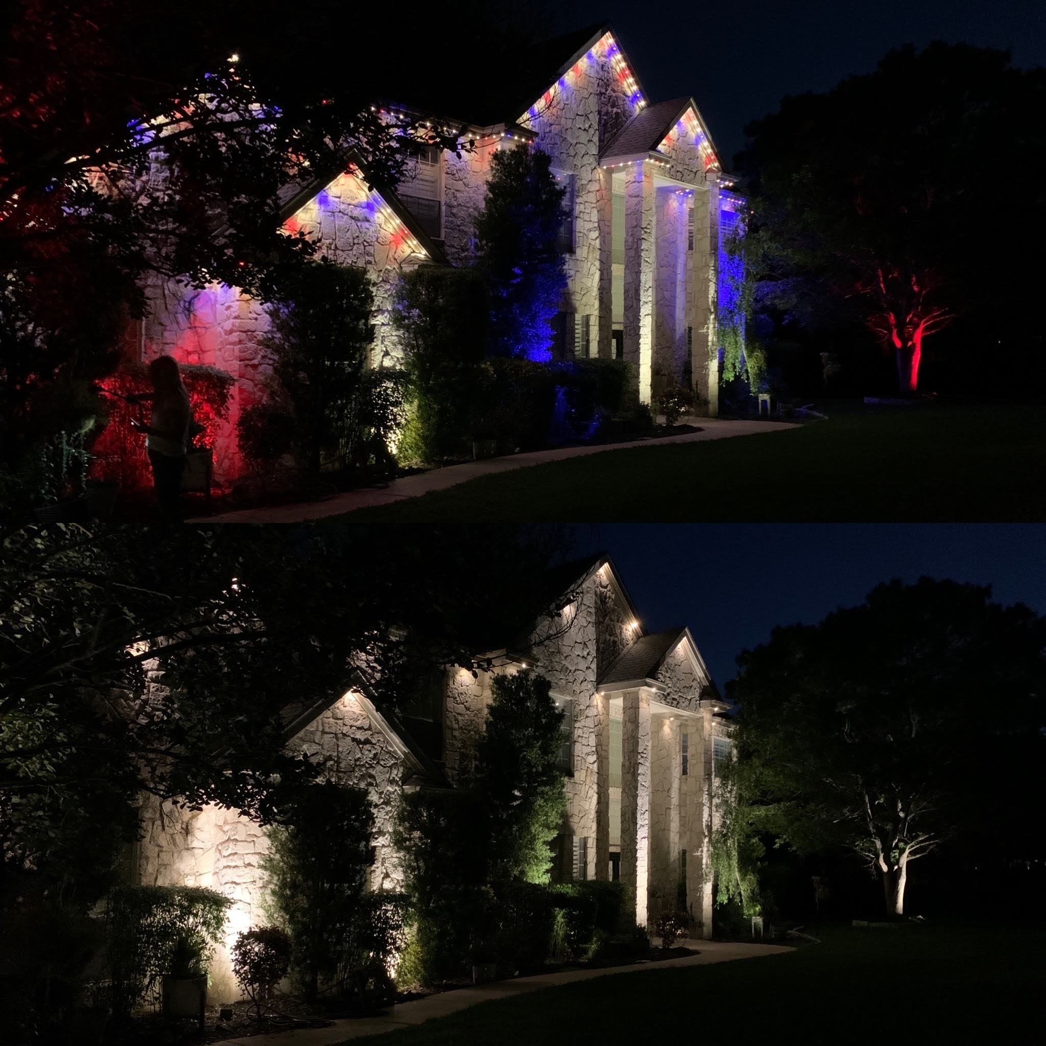 Dual view of a luxury stone home featuring Astoria’s soffit-fitted permanent holiday lighting and landscape lighting system, showcasing a vibrant Halloween theme on one side and elegant warm white lights for everyday use on the other.