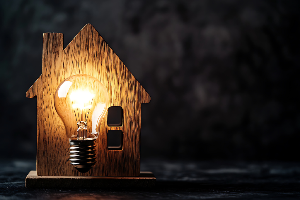 Wooden house outline surrounding suspended lightbulb.