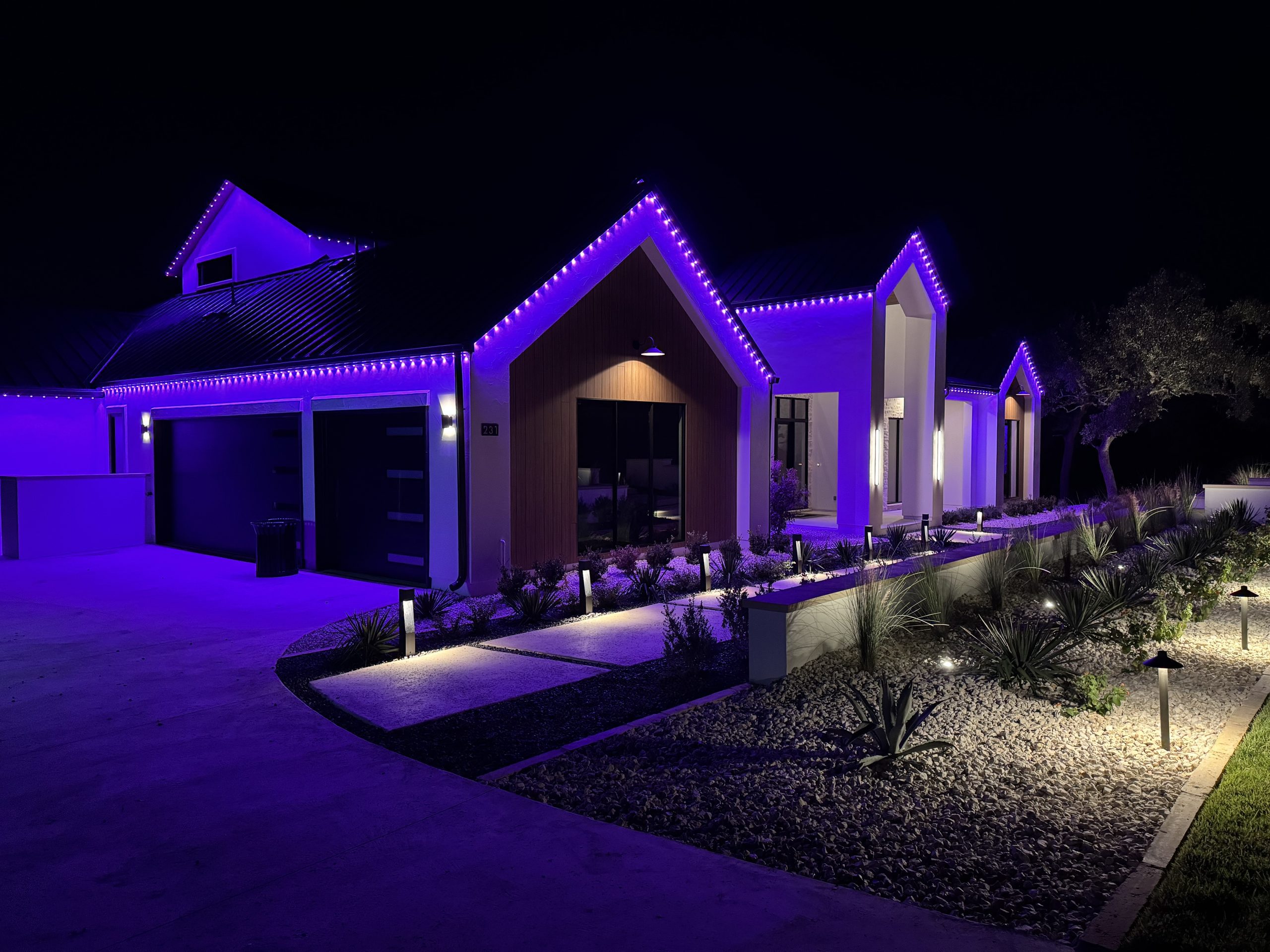 home with purple permanent christmas lights